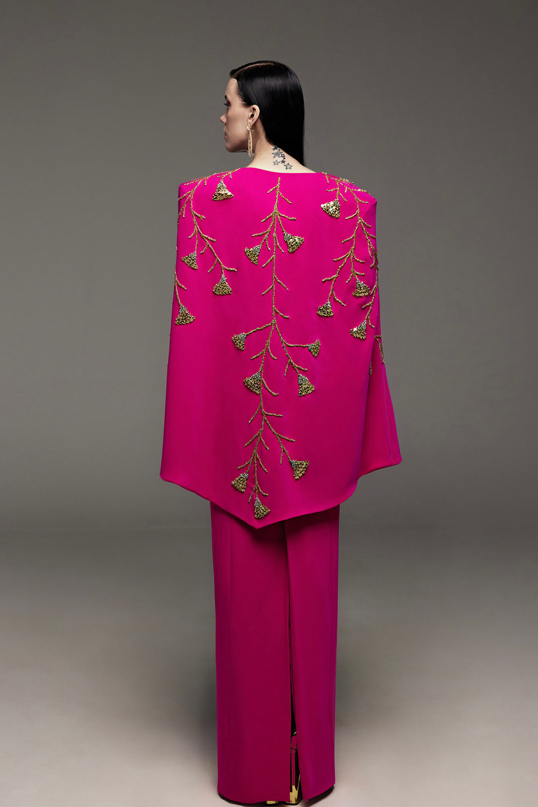 Crepe Dress with Beaded Flower and Cape