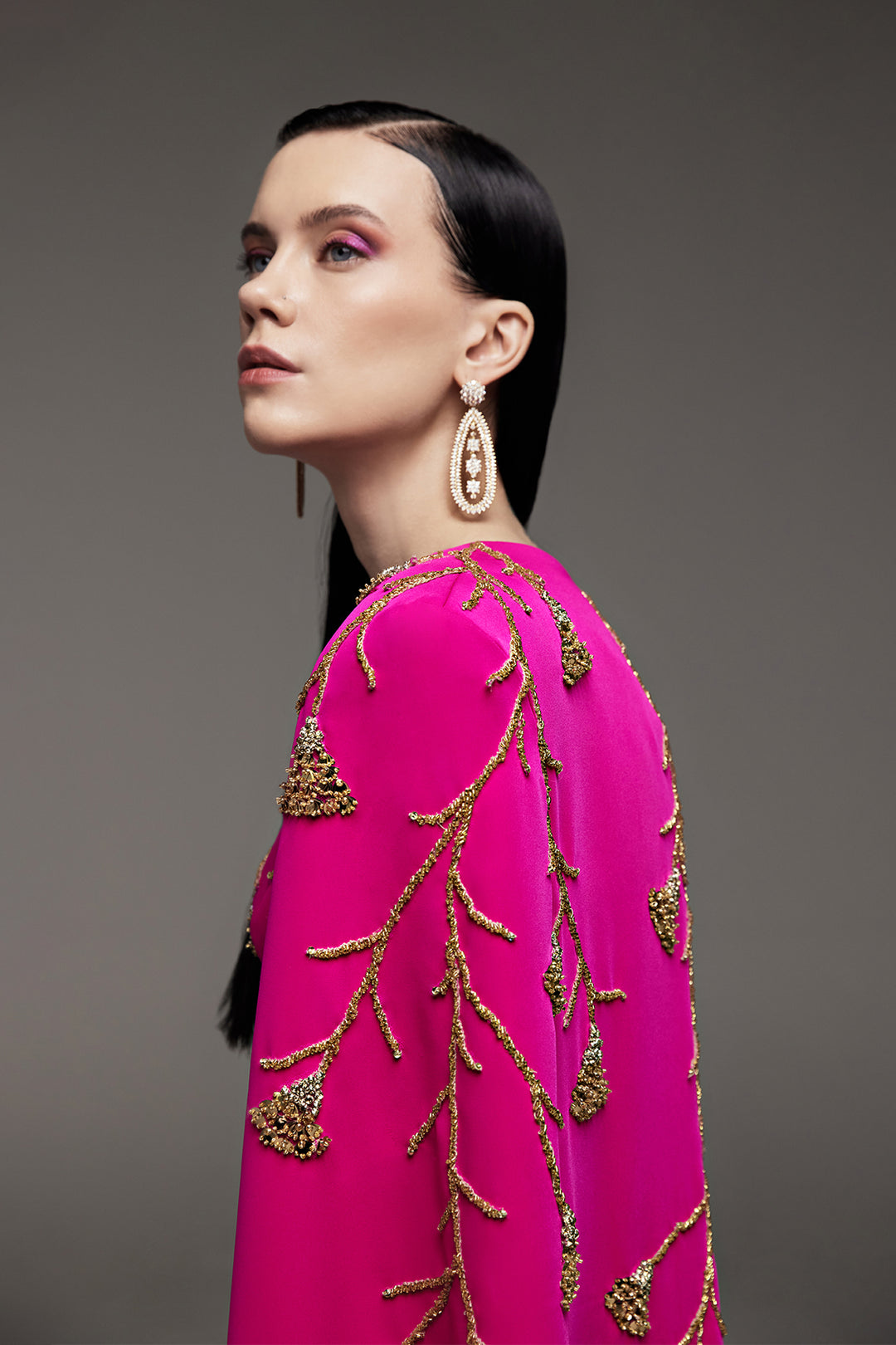 Crepe Dress with Beaded Flower and Cape