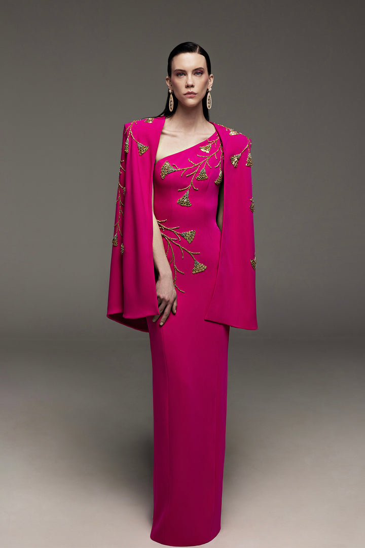 Crepe Dress with Beaded Flower and Cape