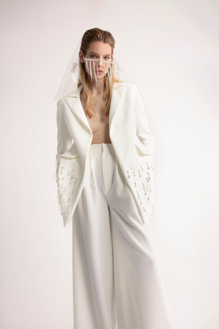 Oversized Jacket and Wide-Cut Trouser Set with Rhinestone Appliqués