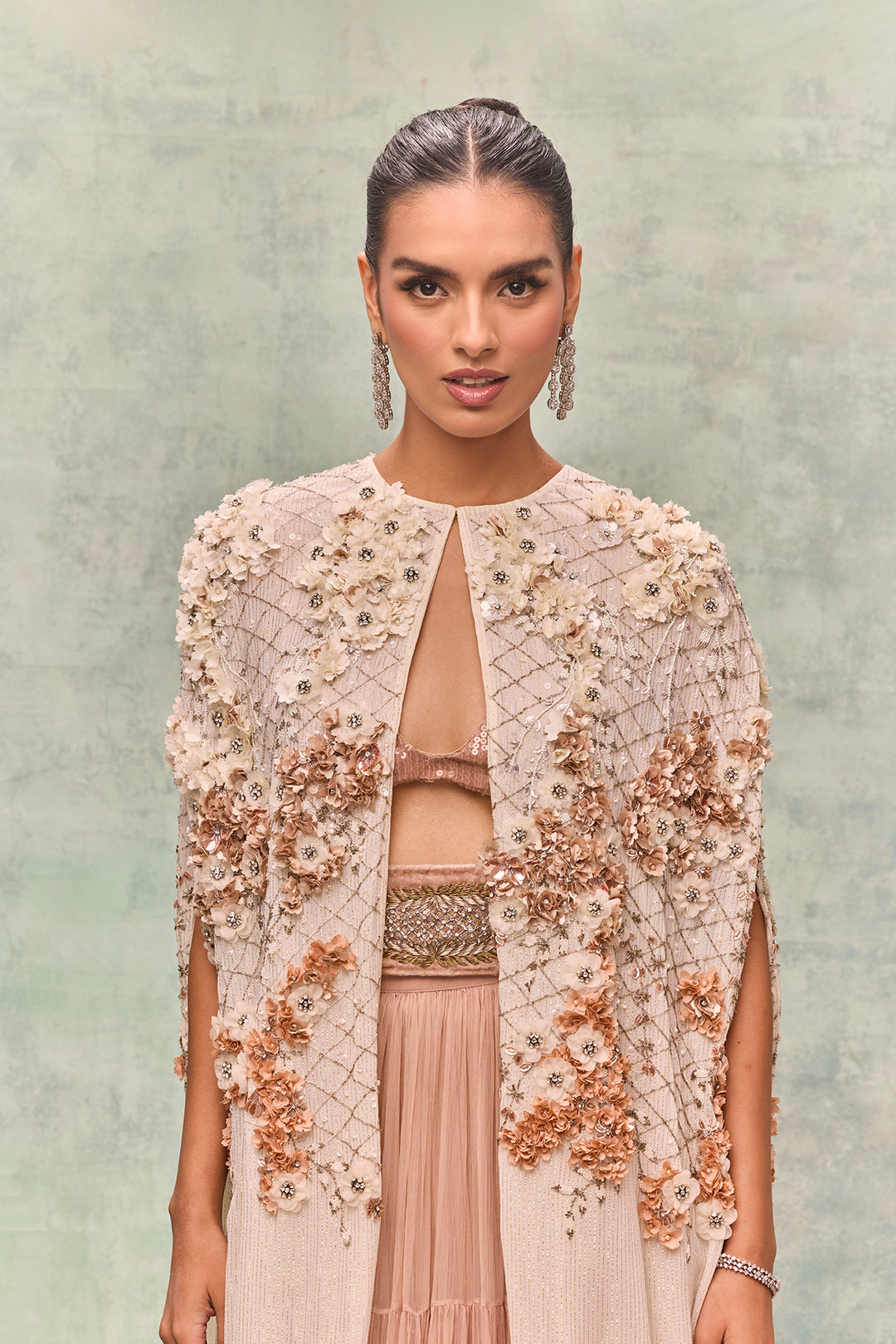 A-Line Long Ensemble with Floral Appliqués