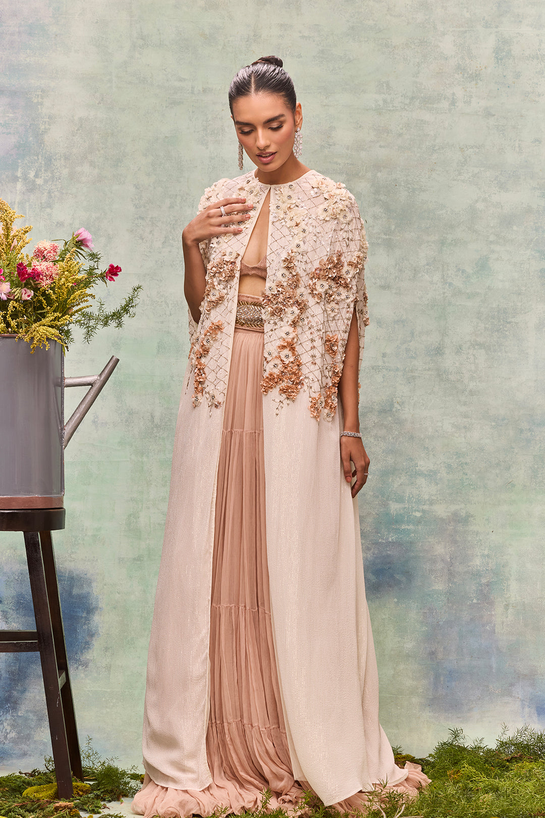 A-Line Long Ensemble with Floral Appliqués