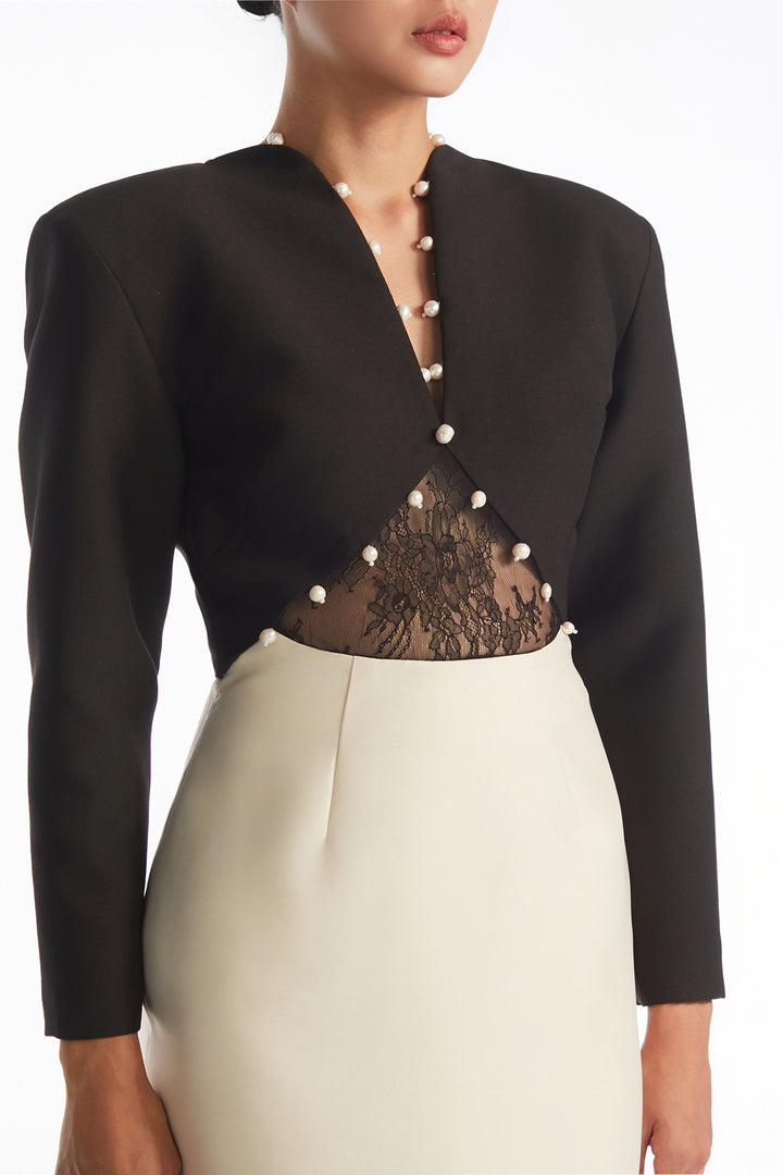 Pearl Button with Cropped Jacket and Column Dress