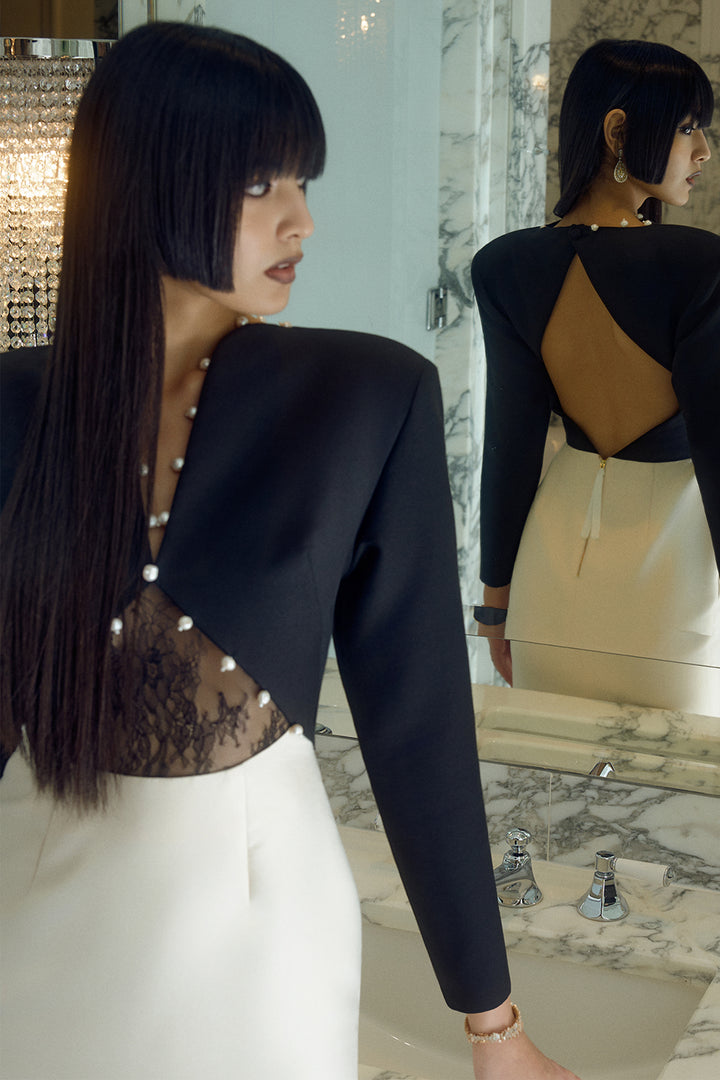 Pearl Button with Cropped Jacket and Column Dress