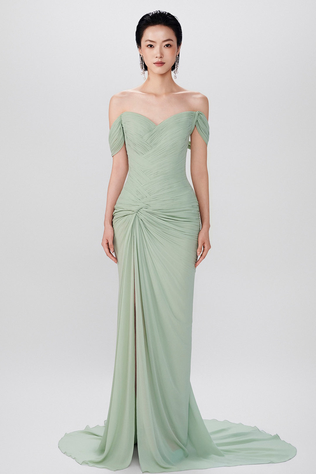 Pleated Sweetheart with Front Slit Chiffon Dress