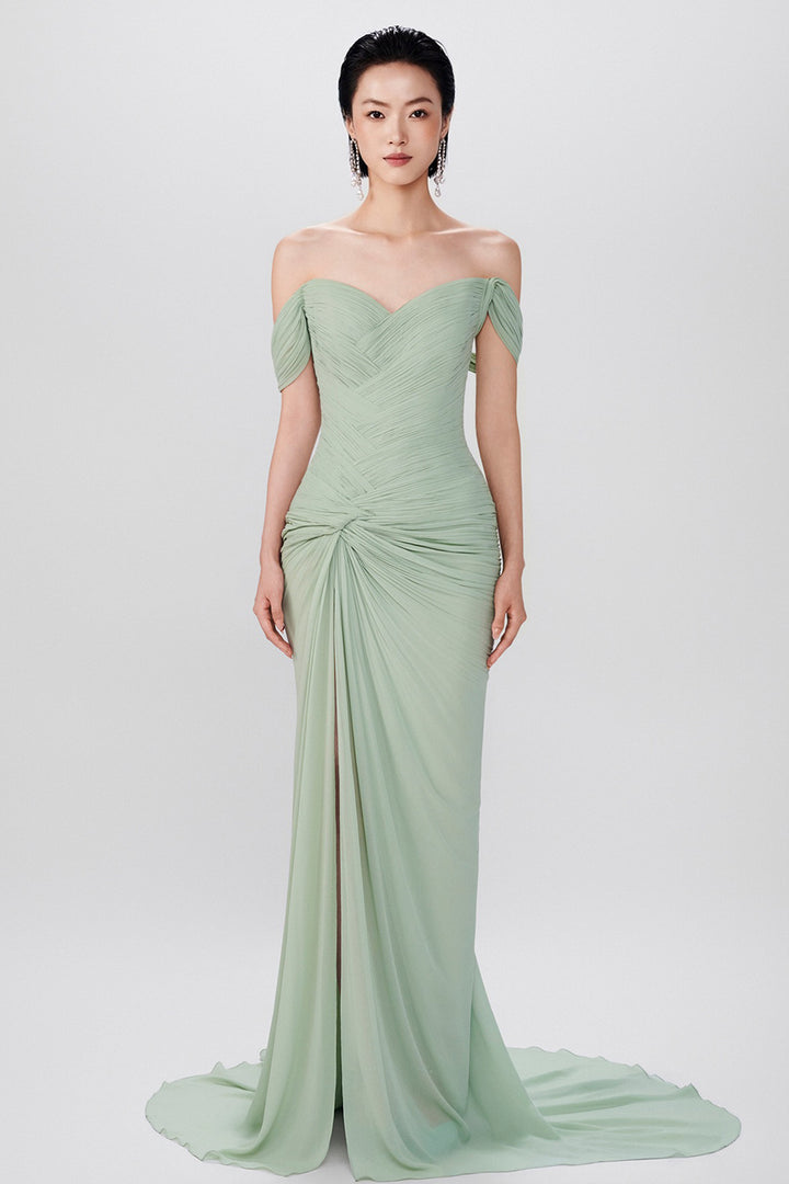 Pleated Sweetheart with Front Slit Chiffon Dress