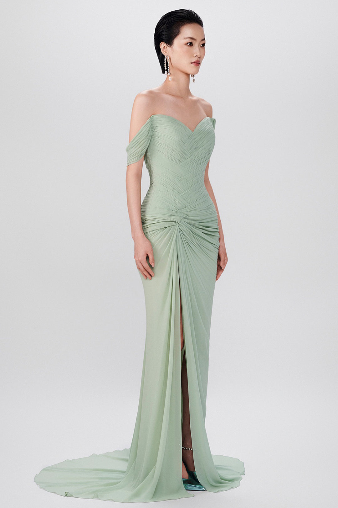 Pleated Sweetheart with Front Slit Chiffon Dress