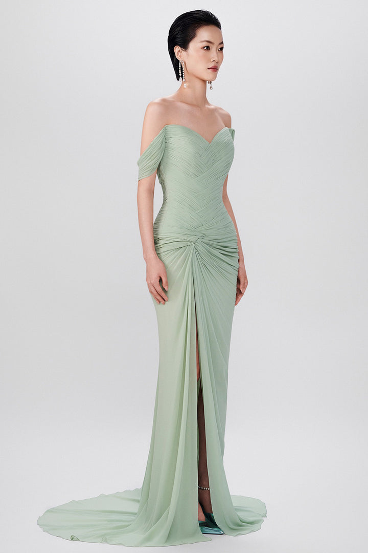 Pleated Sweetheart with Front Slit Chiffon Dress