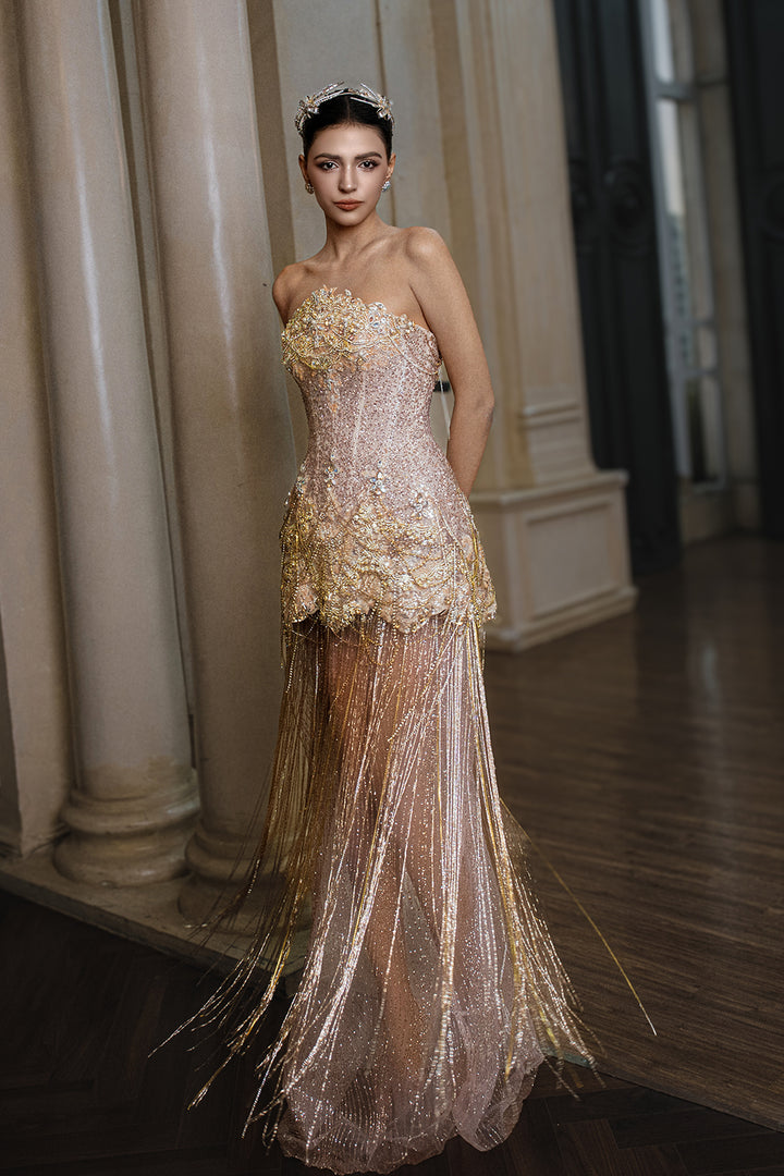 Strapless Column Dress with Fringe