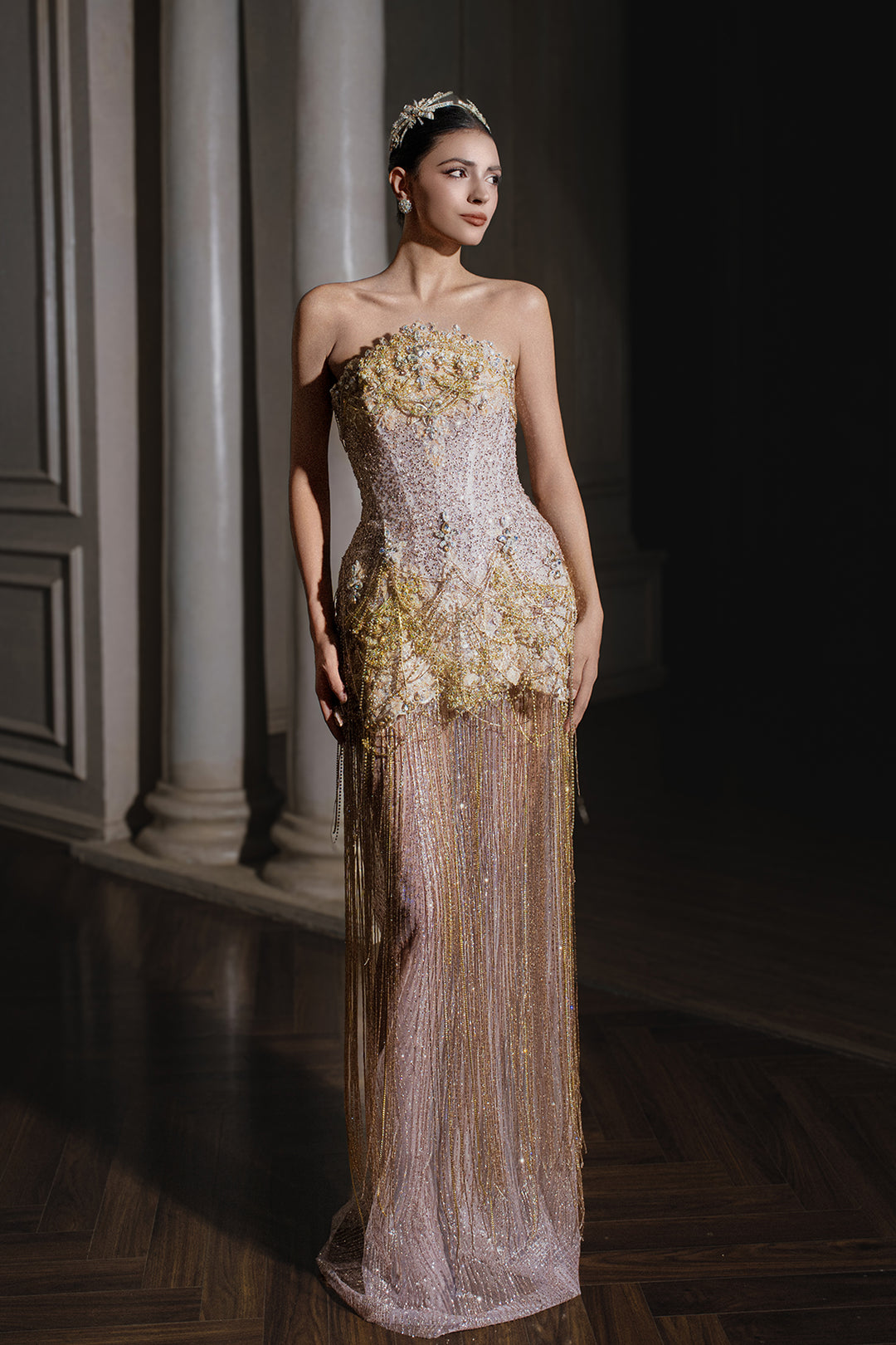 strapless fringe dress Strapless Column Dress with Fringe Champagne / FR 42