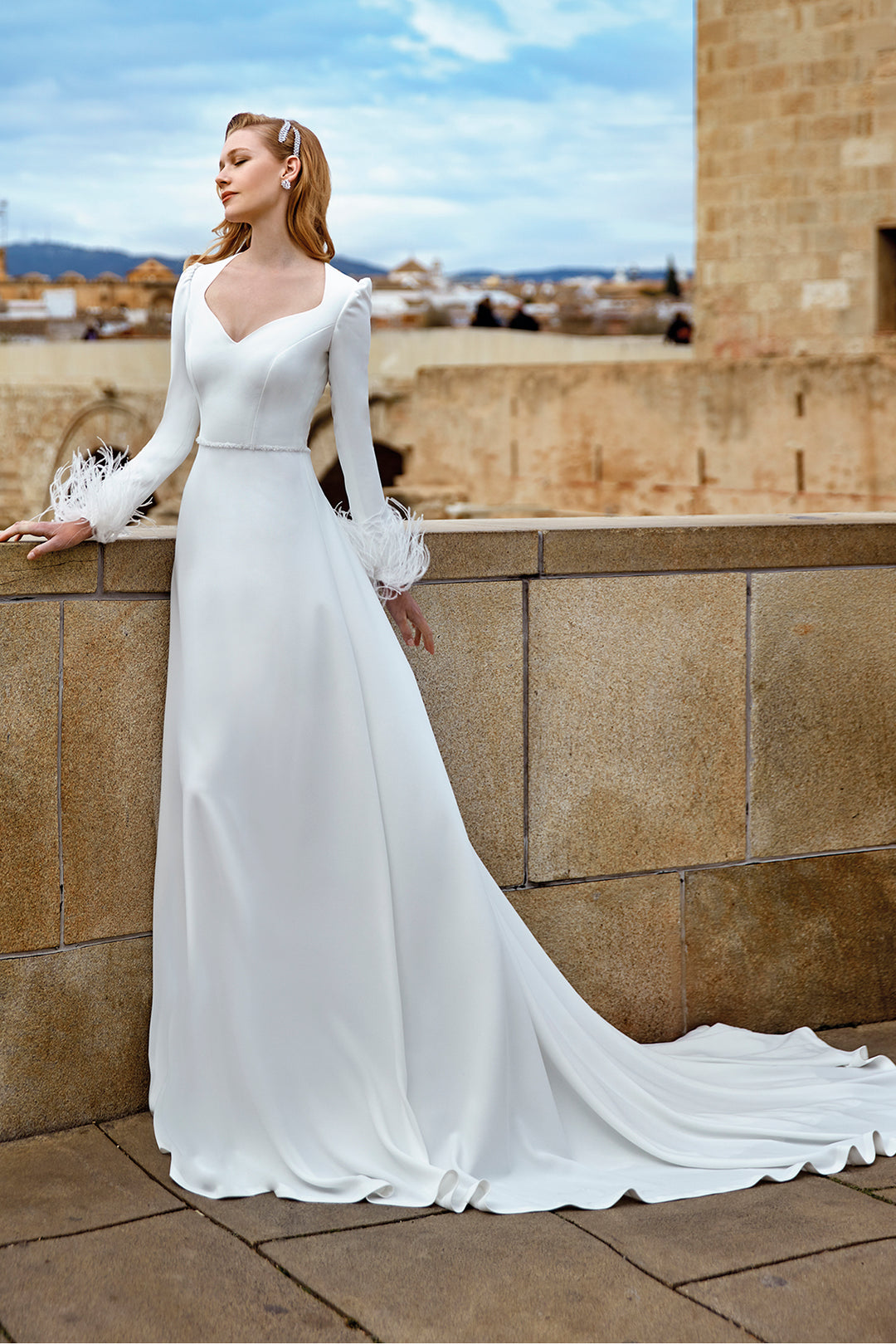 Crepe Long-Sleeved Flared Dress with Feathers Ivory / FR 40 Crepe Long-Sleeved Flared Dress with Feathers Ivory / FR 40