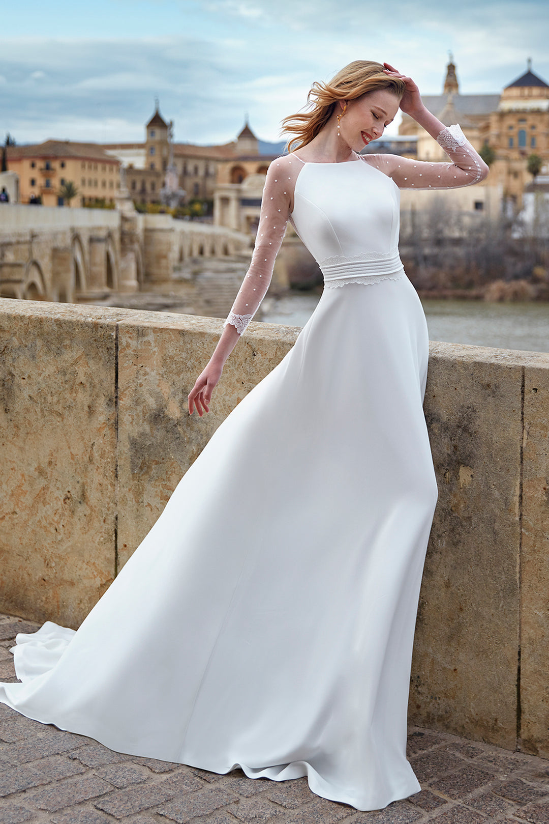 Crepe Long-Sleeved Flared Dress with Tulle White / FR 36 Crepe Long-Sleeved Flared Dress with Tulle White / FR 36