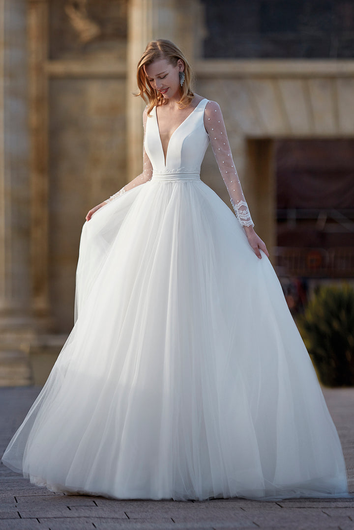 Crepe and Tulle Long-Sleeved Princess Dress