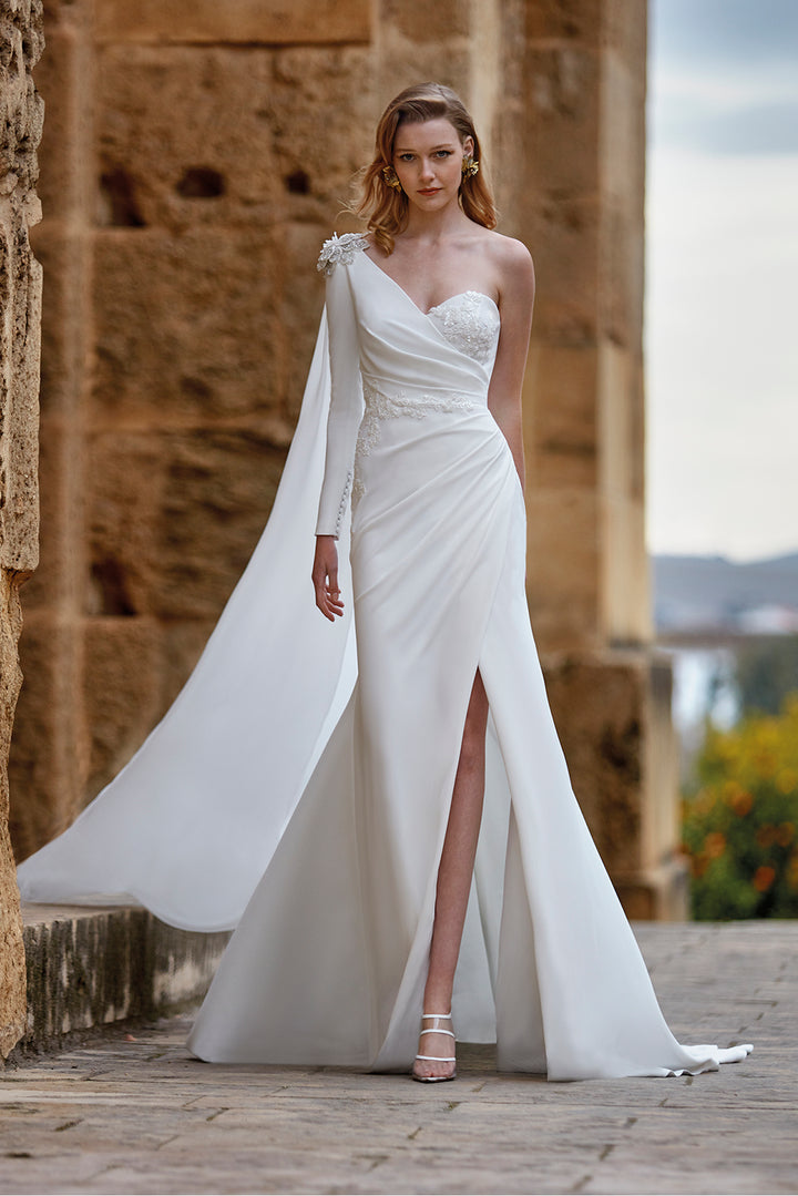 Crepe Asymmetrical Draped Dress with Side Cape