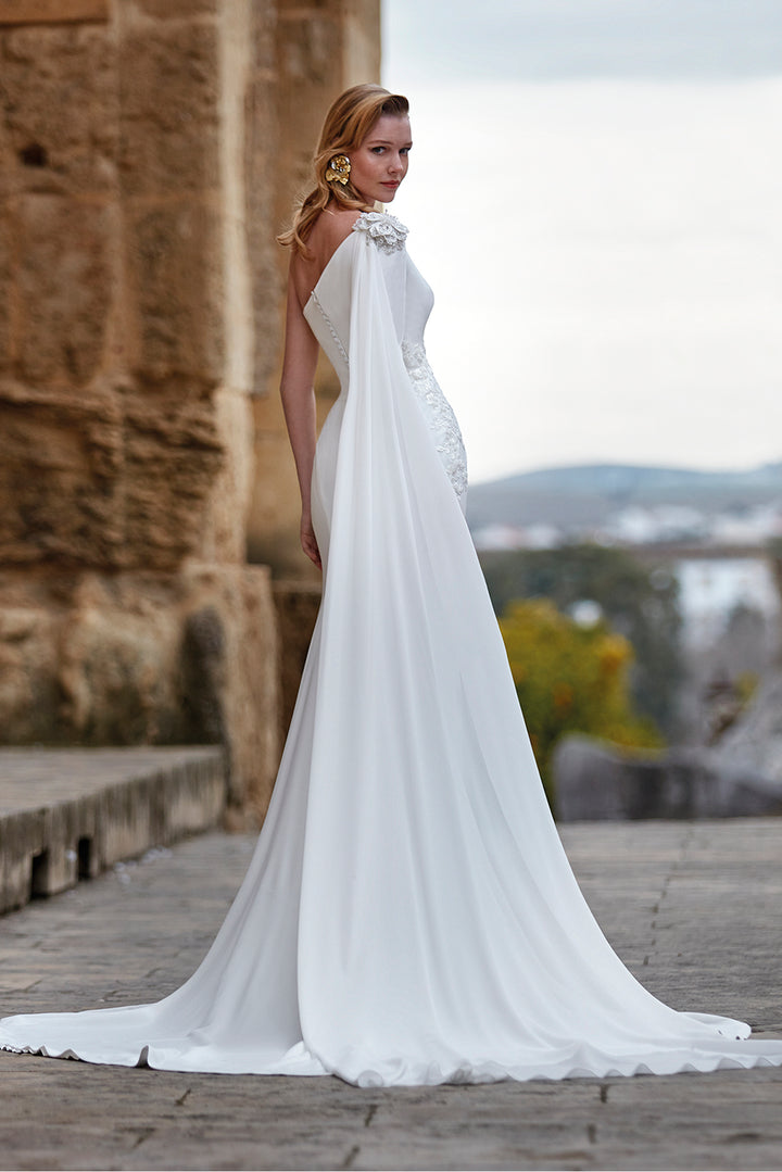 Crepe Asymmetrical Draped Dress with Side Cape