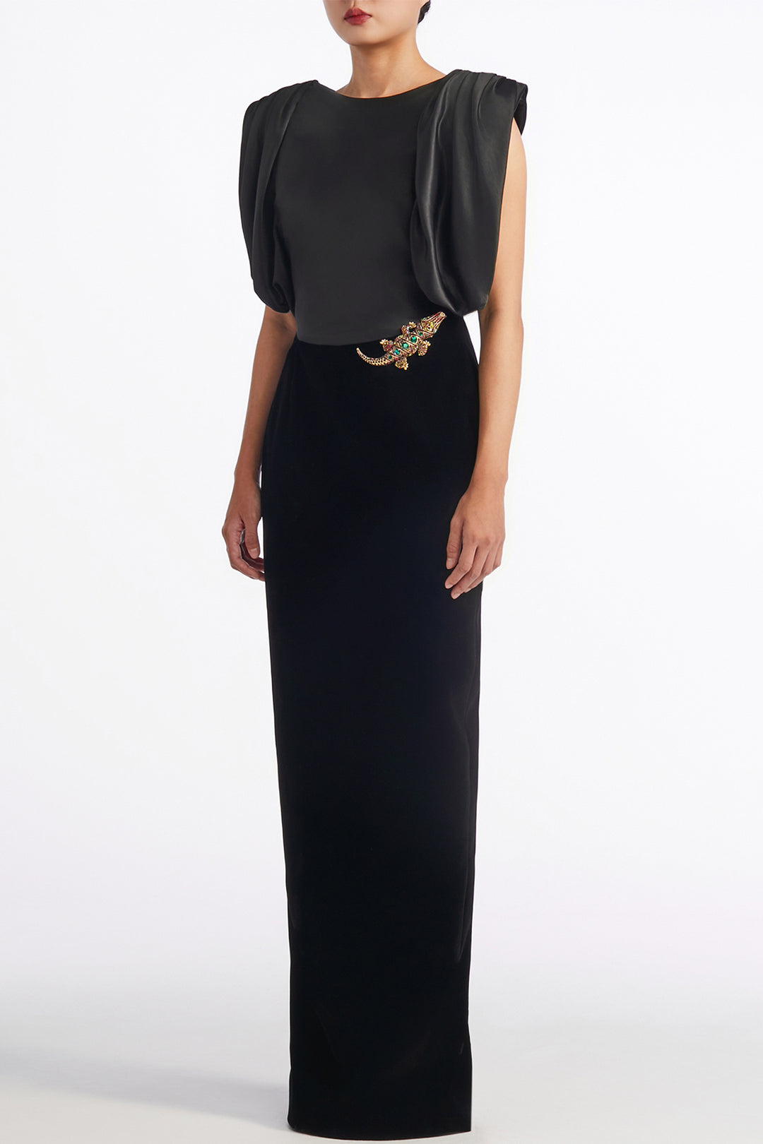 Draped Cape Sleeve with Boat Neck Column Dress