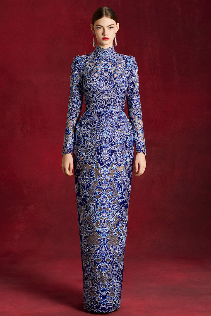 Laser-Cut Peony Long Column Dress