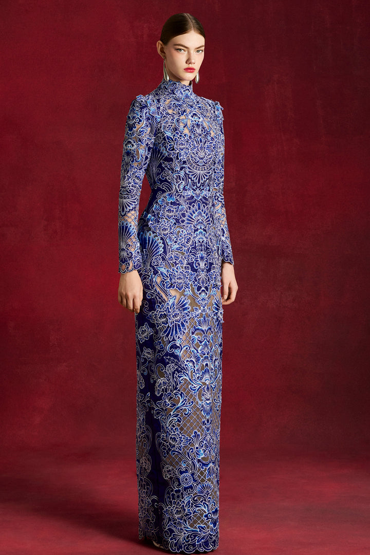 Laser-Cut Peony Long Column Dress