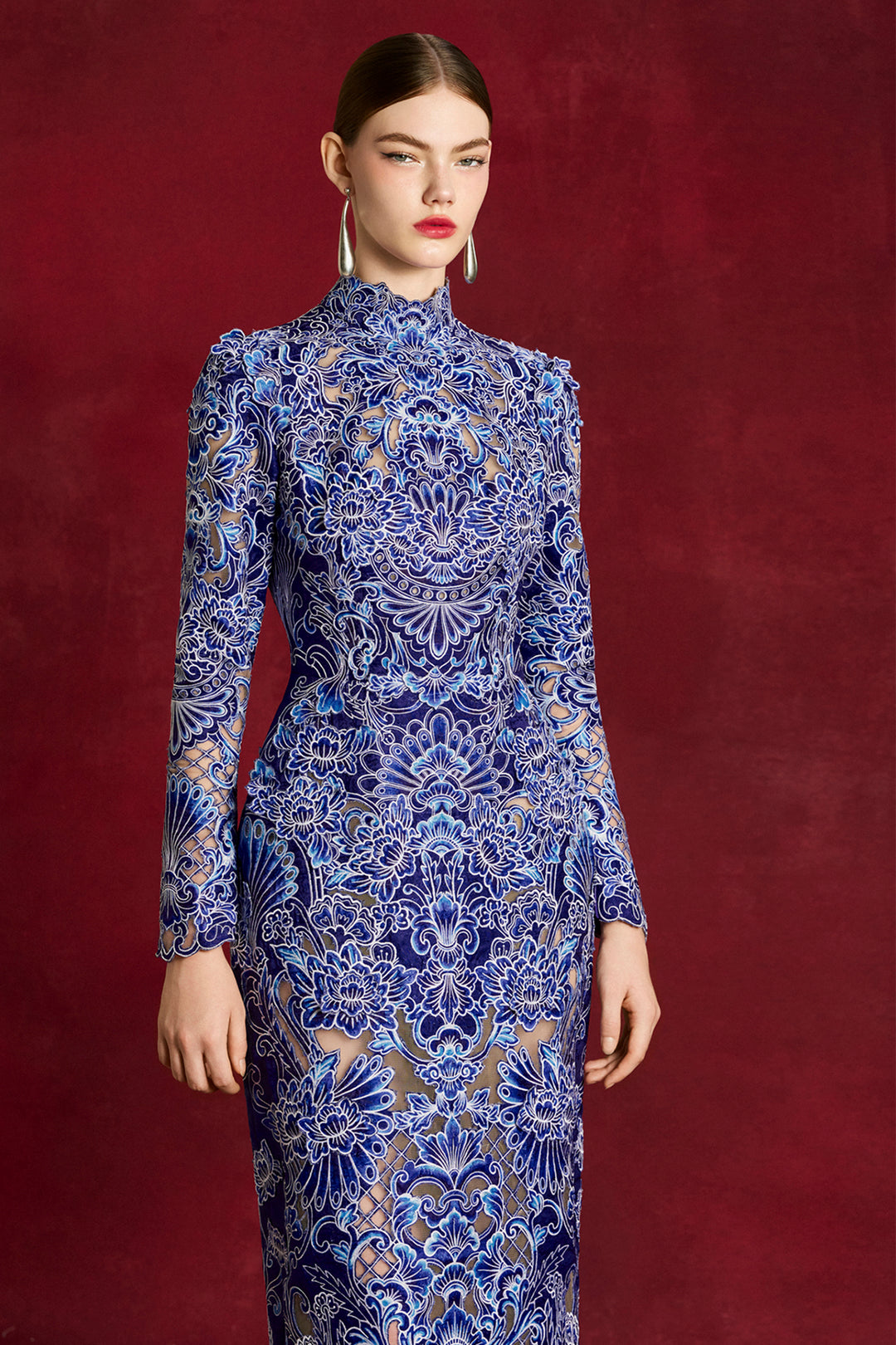 Laser-Cut Peony Long Column Dress