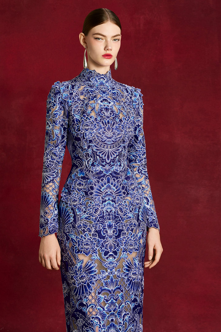 Laser-Cut Peony Long Column Dress
