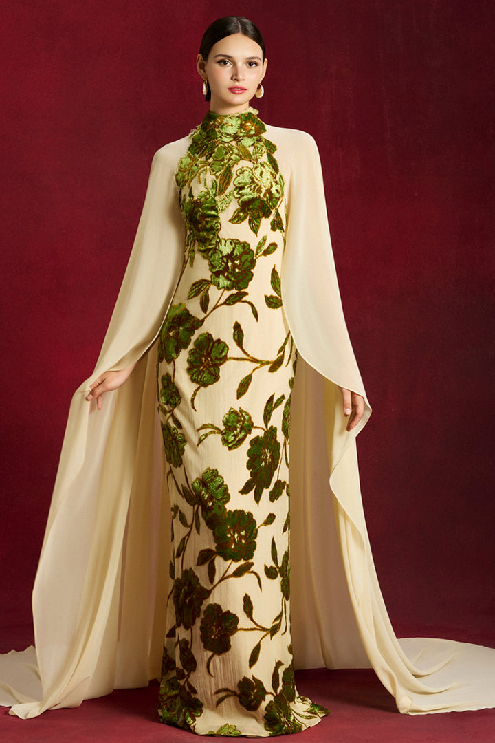 Velvet Flora Chiffon with High-Neck Dress