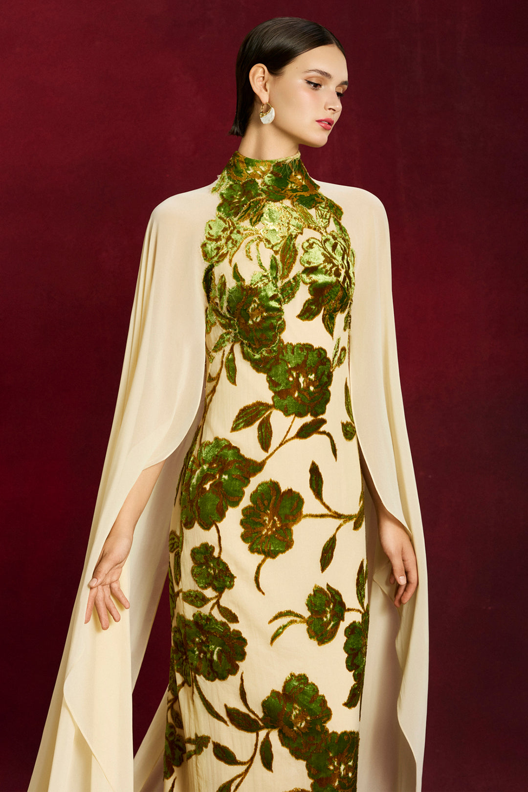 Velvet Flora Chiffon with High-Neck Dress