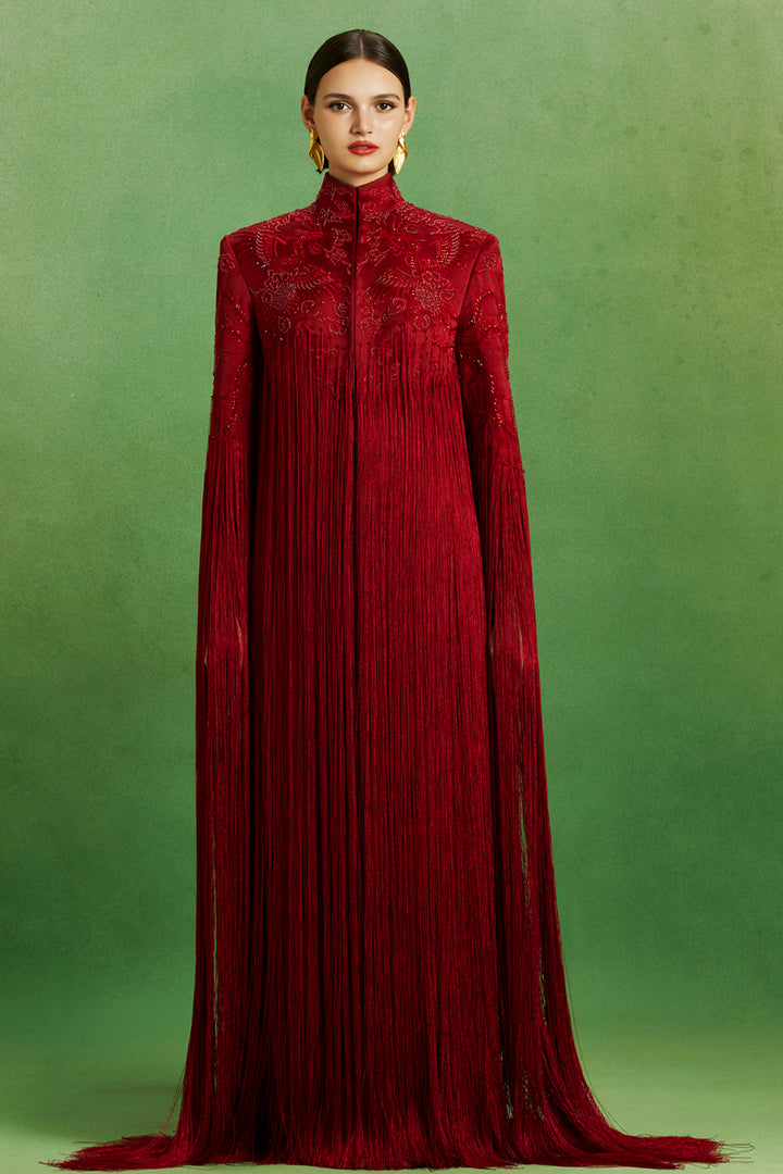 Crimson Fringe Long Dress
