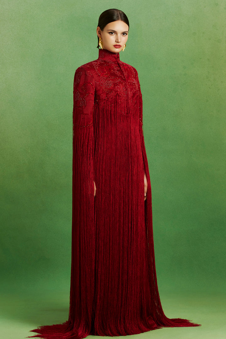 Crimson Fringe Long Dress