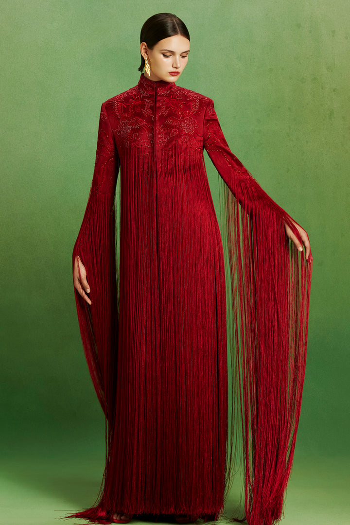 Crimson Fringe Long Dress