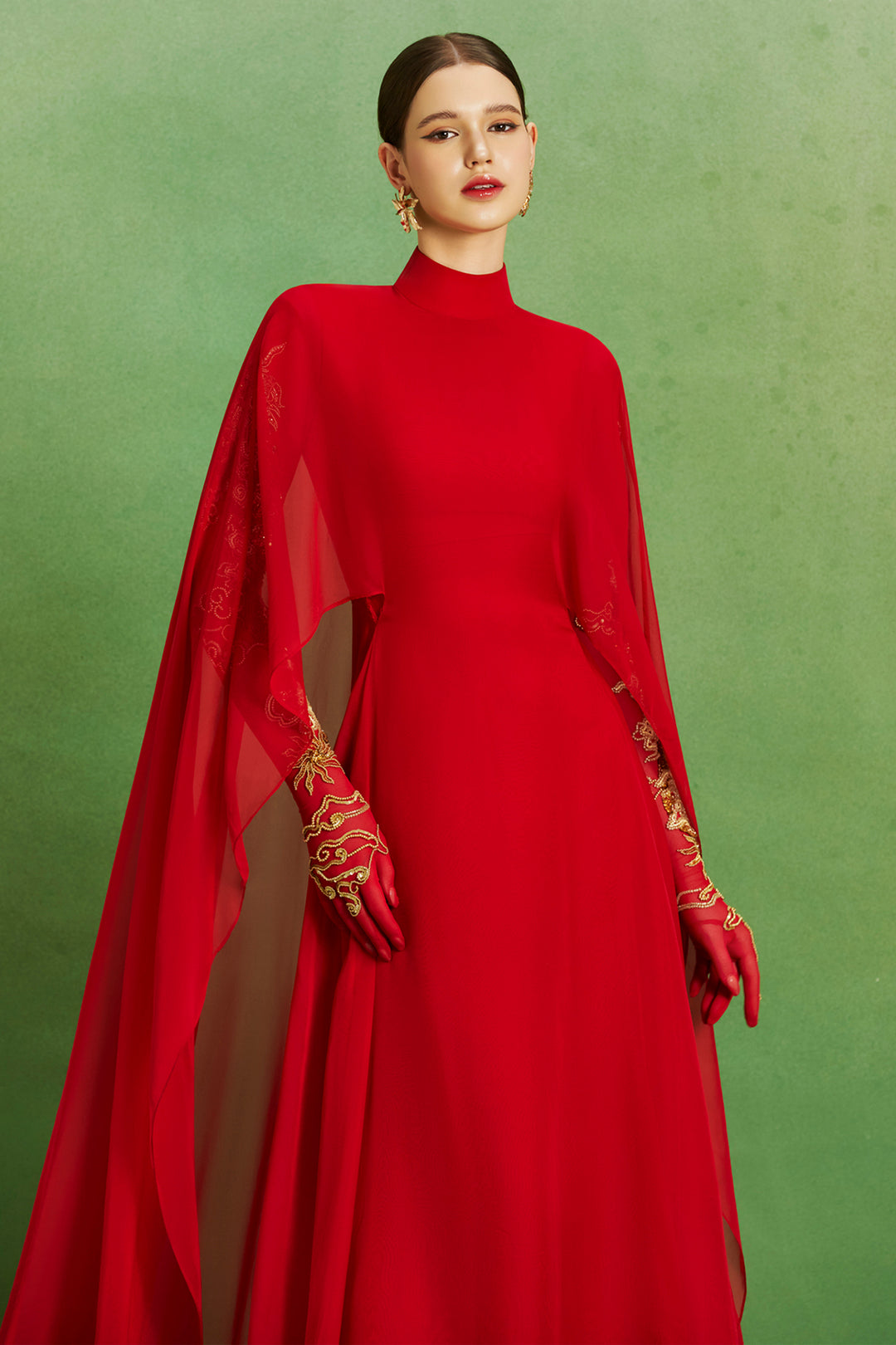 Scarlet Majesty Long Dress with High-Neckline