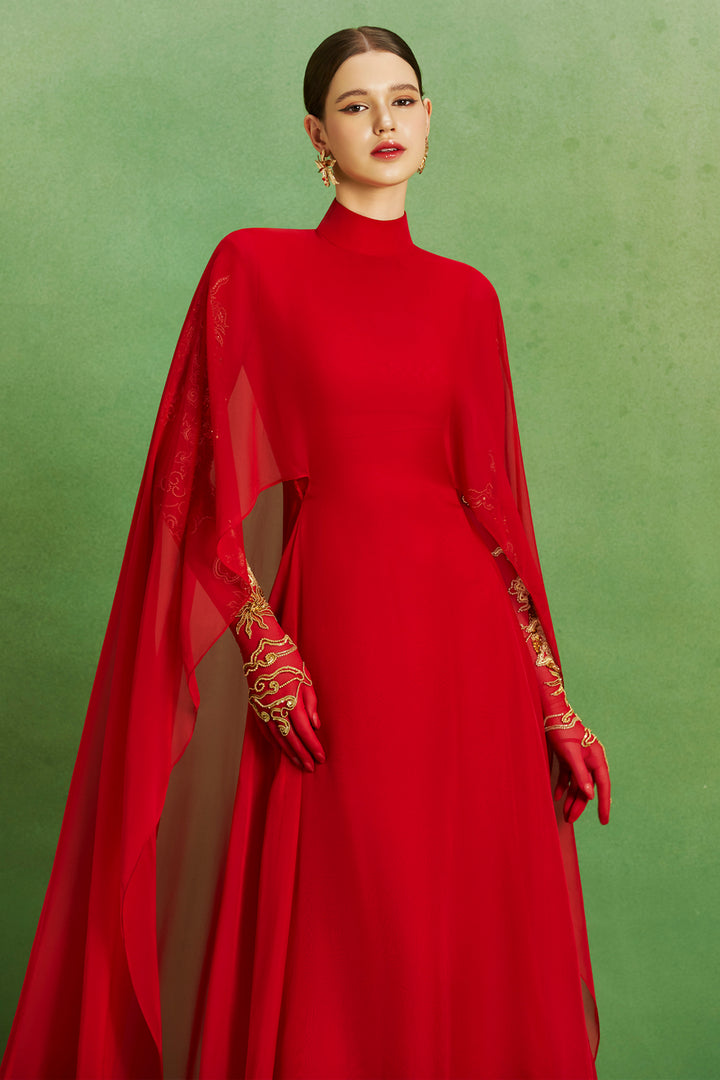 Scarlet Majesty Long Dress with High-Neckline