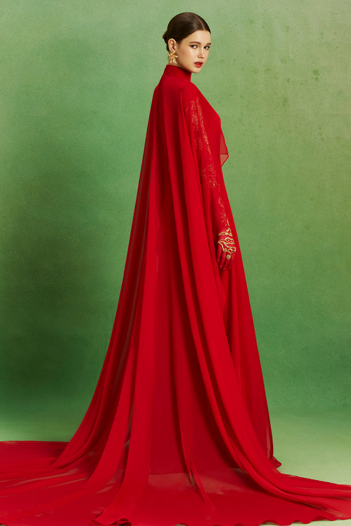 Scarlet Majesty Long Dress with High-Neckline