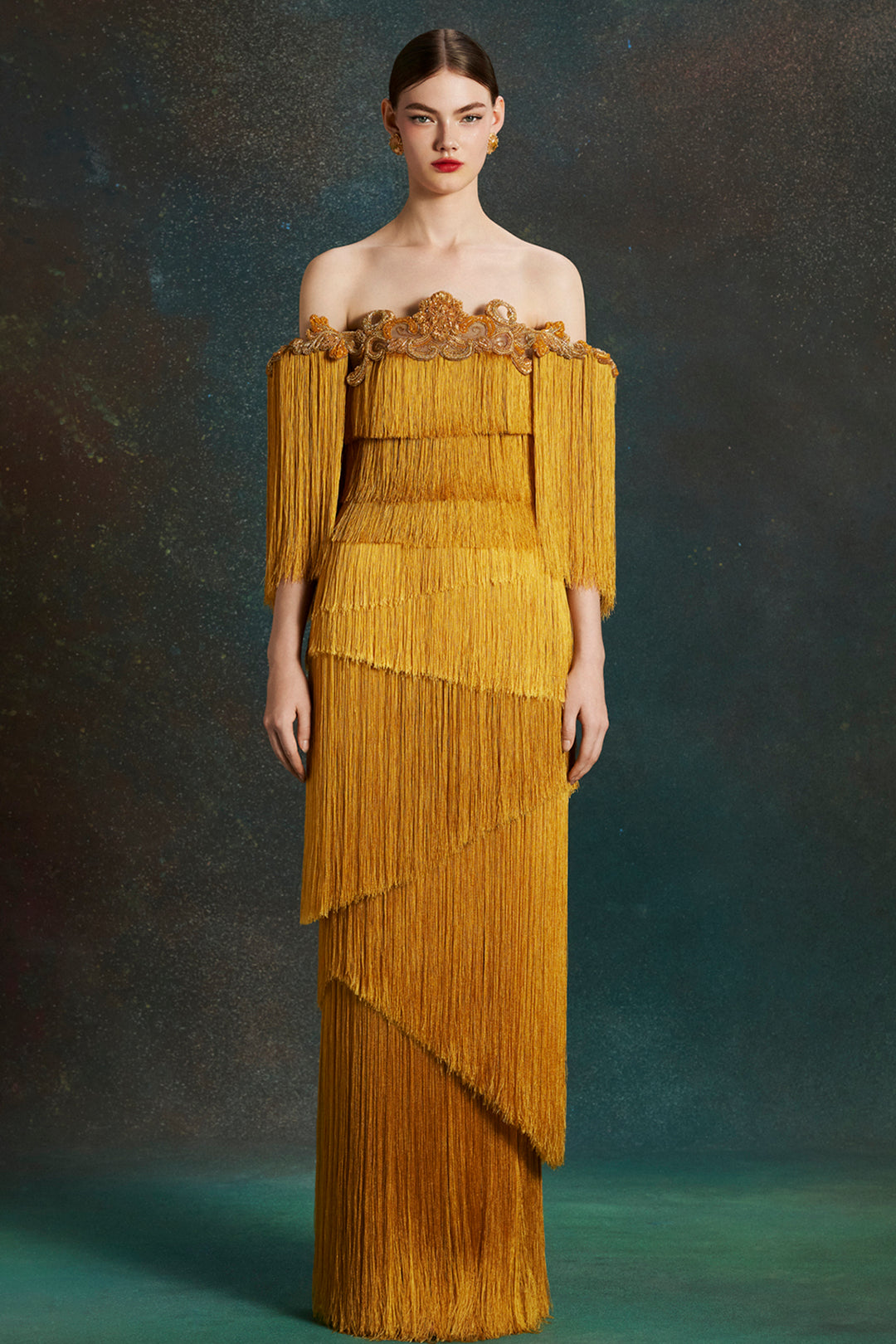 Statuesque Off-The-Shoulder with Fringe Dress