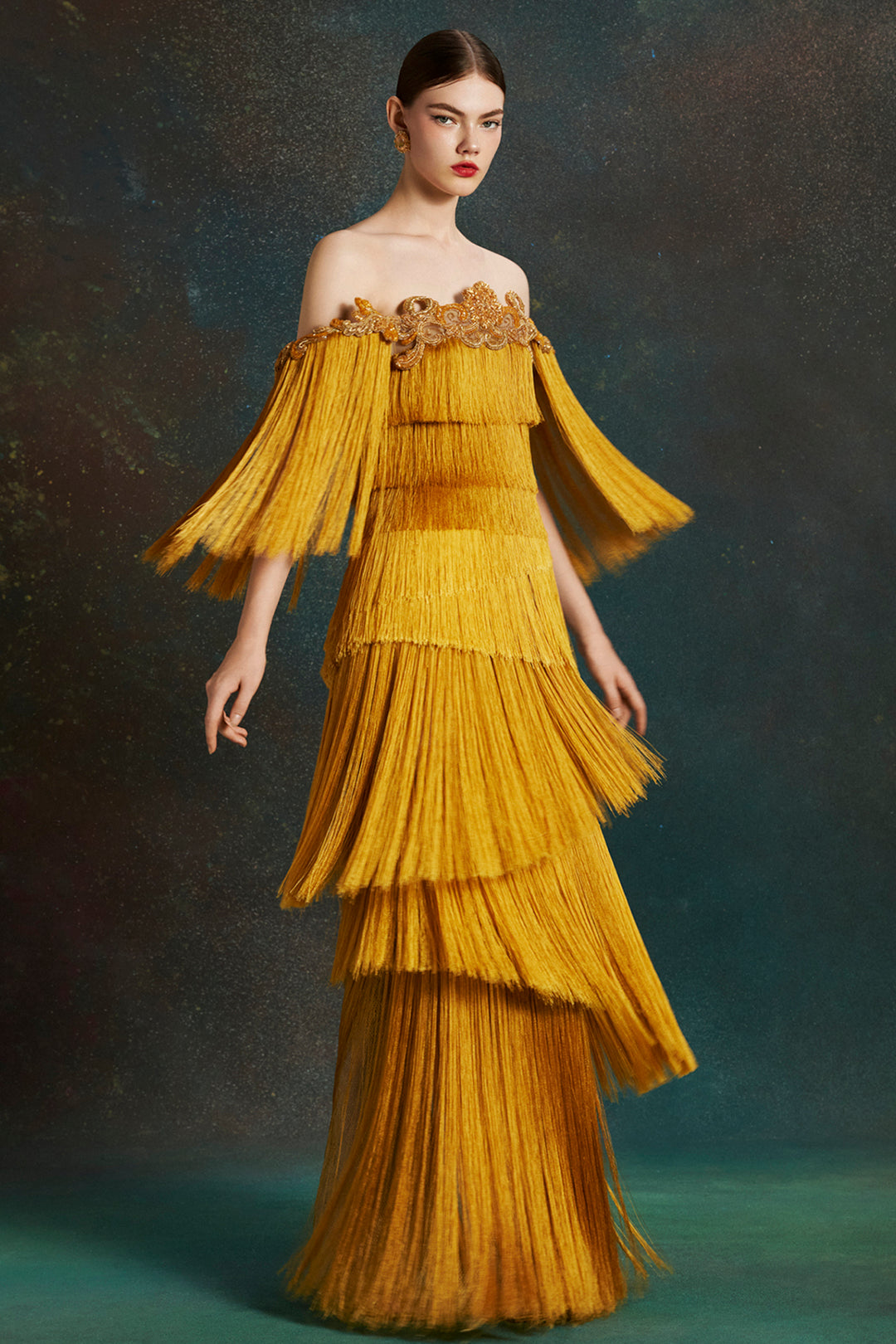 Statuesque Off-The-Shoulder with Fringe Dress