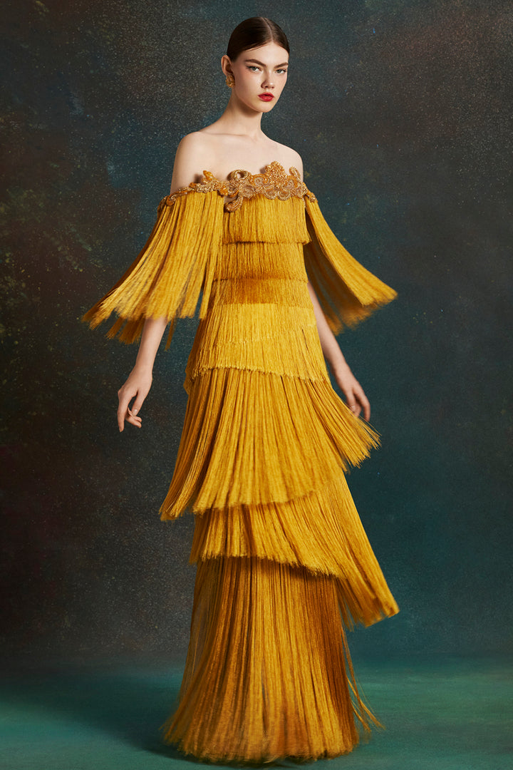 Statuesque Off-The-Shoulder with Fringe Dress