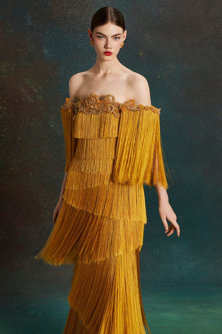 Statuesque Off-The-Shoulder with Fringe Dress