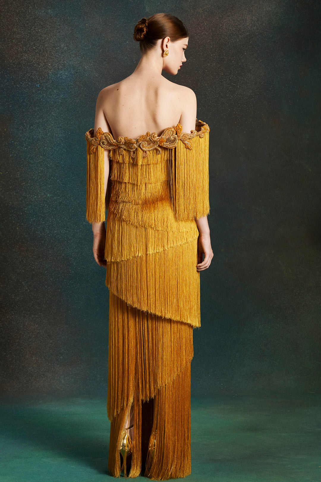 Statuesque Off-The-Shoulder with Fringe Dress