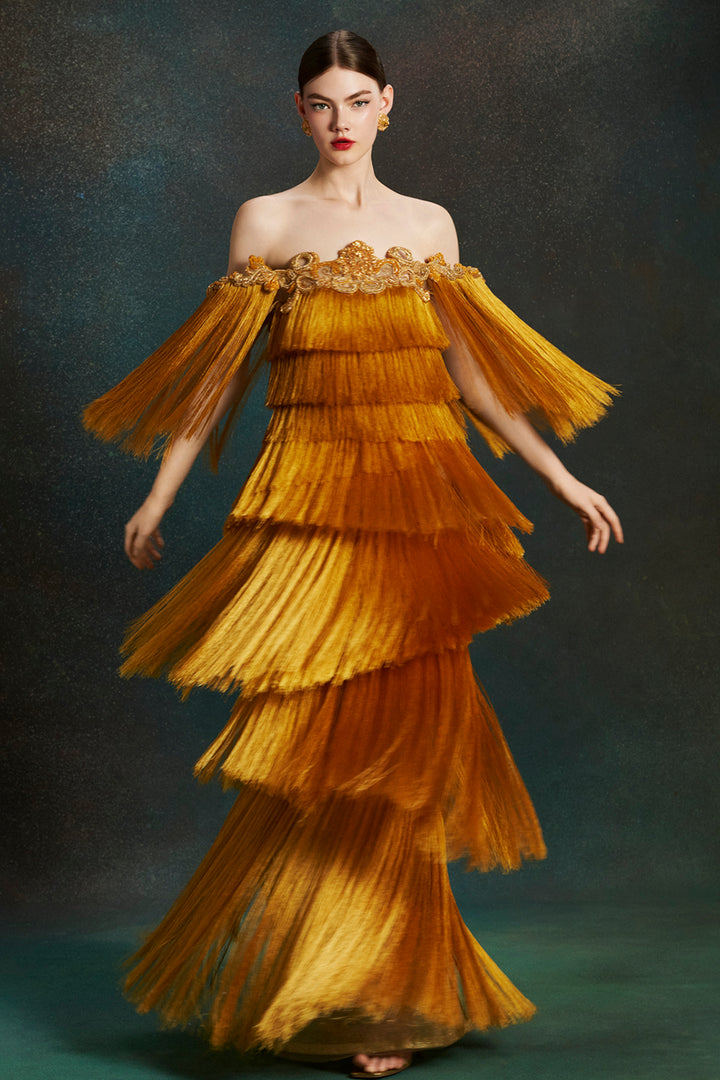 Statuesque Off-The-Shoulder with Fringe Dress