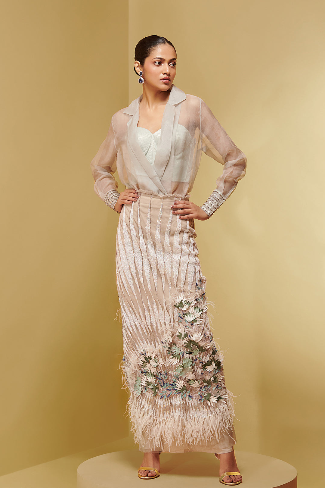 Mesh Three-Piece with Embroidery and Corset