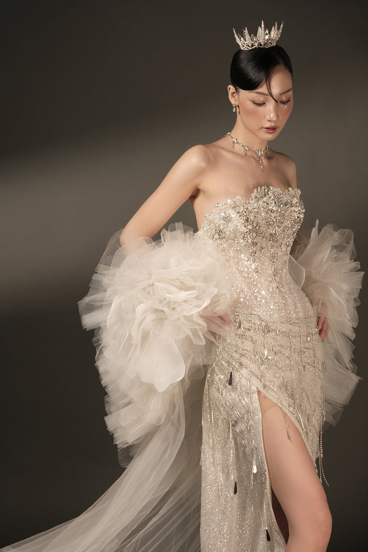 Column Dress with Beaded Bodice and Cape