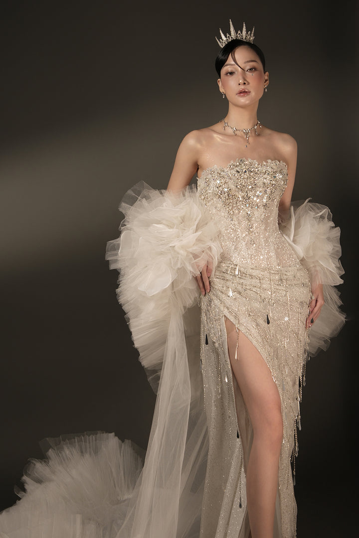 Column Dress with Beaded Bodice and Cape