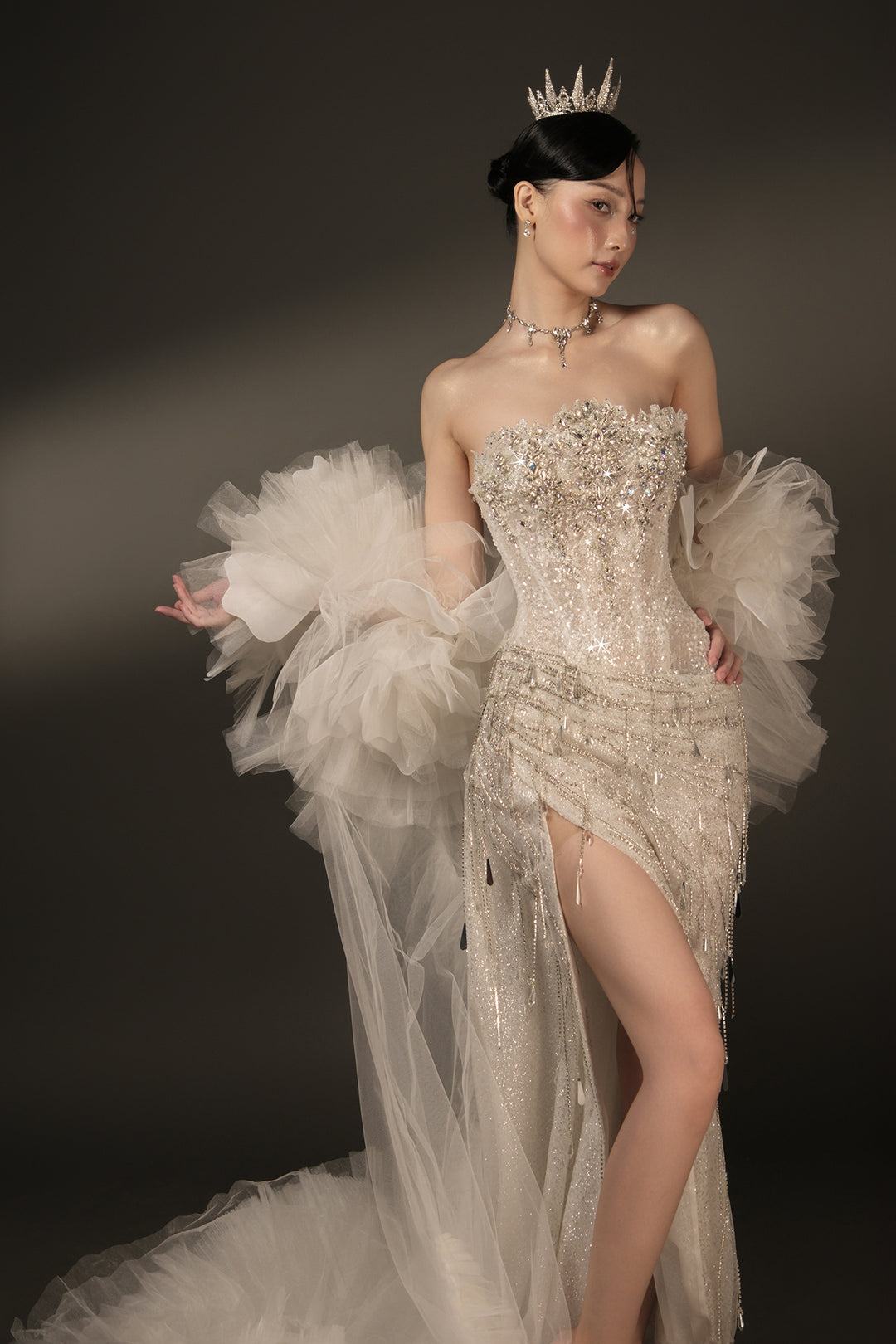 Column Dress with Beaded Bodice and Cape
