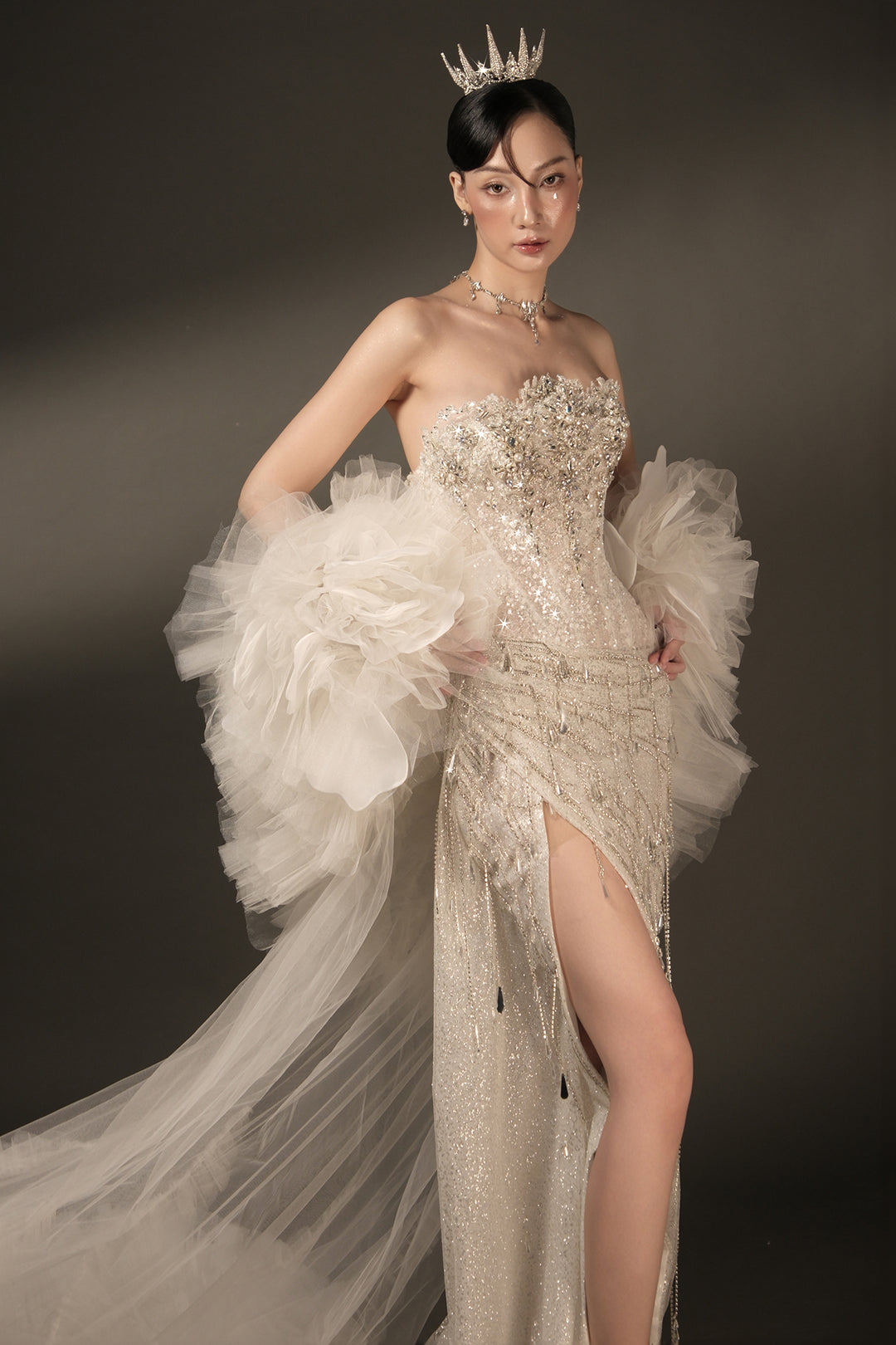 Column Dress with Beaded Bodice and Cape
