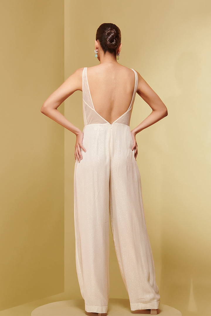 Crepe Jumpsuit with Mesh Neckline