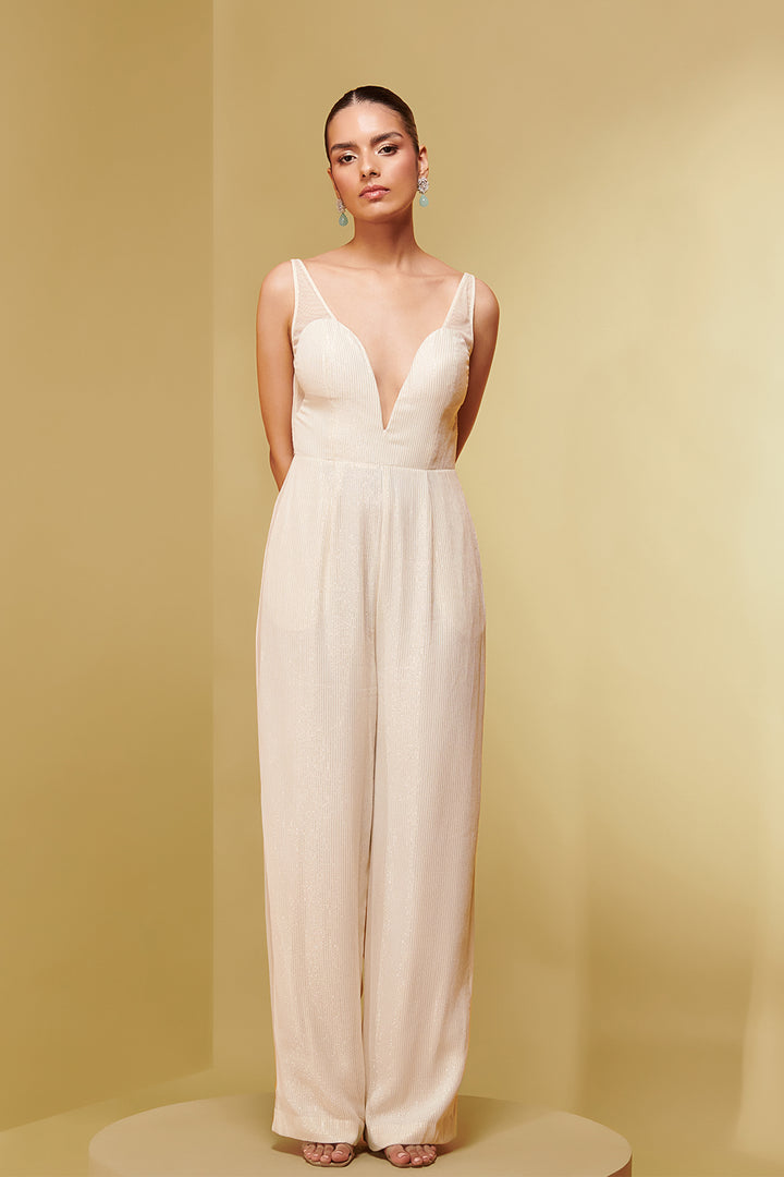 Crepe Jumpsuit with Mesh Neckline