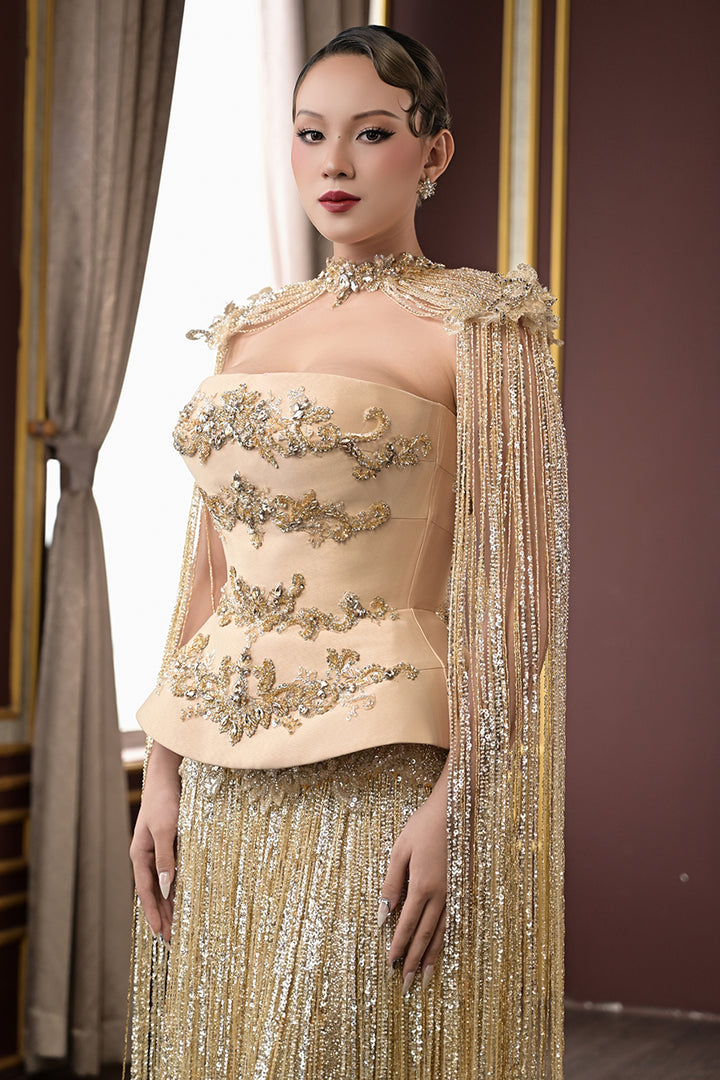 Embellished Fringe Dress with Shoulder Cape