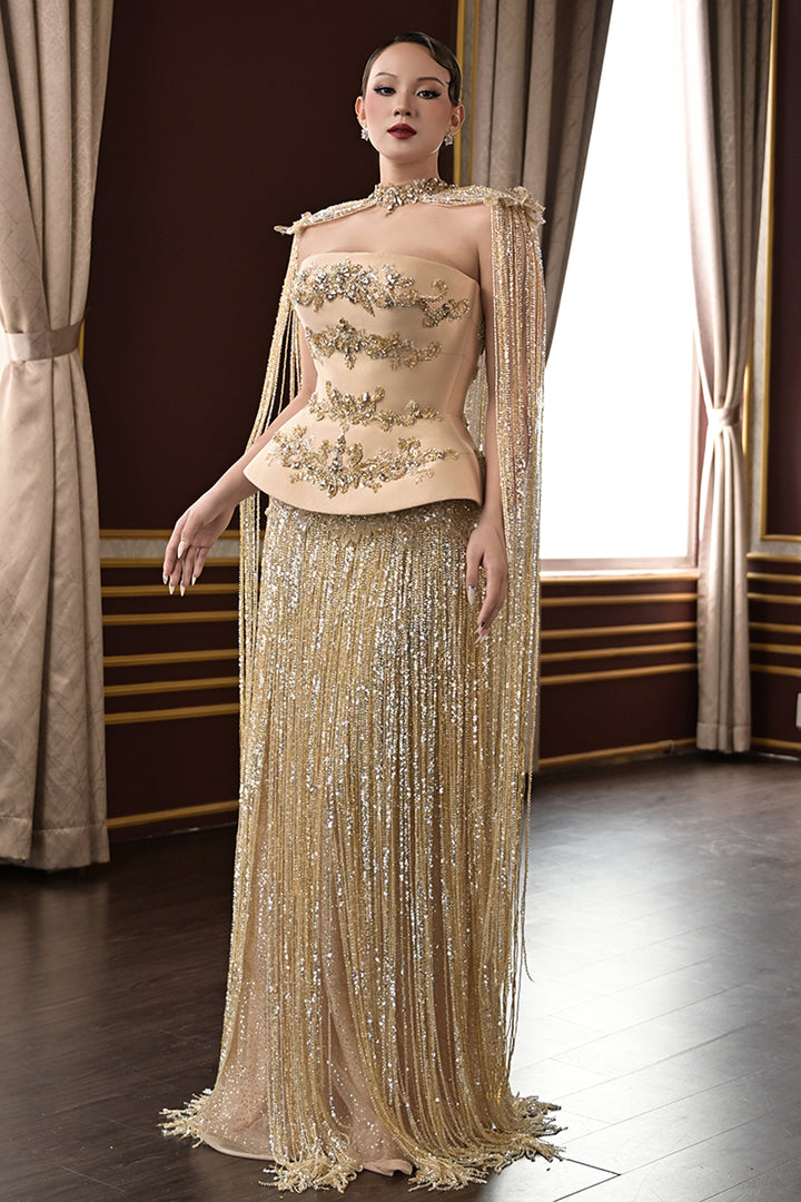 Embellished Fringe Dress with Shoulder Cape