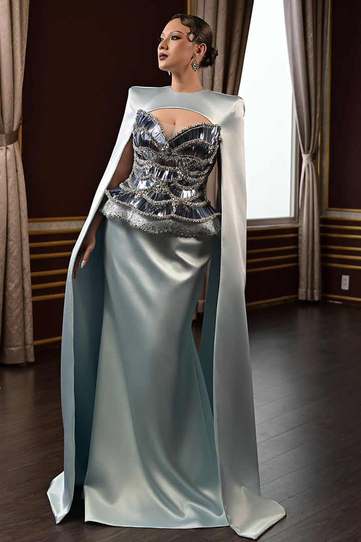 Embellished Corset Dress with Satin Cape