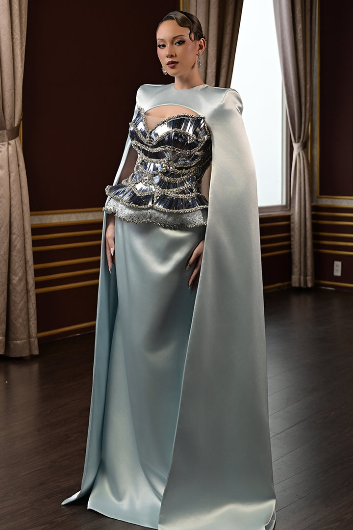 Embellished Corset Dress with Satin Cape