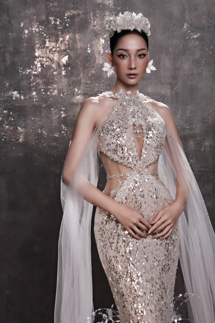 Crystal-Embellished Cape Dress